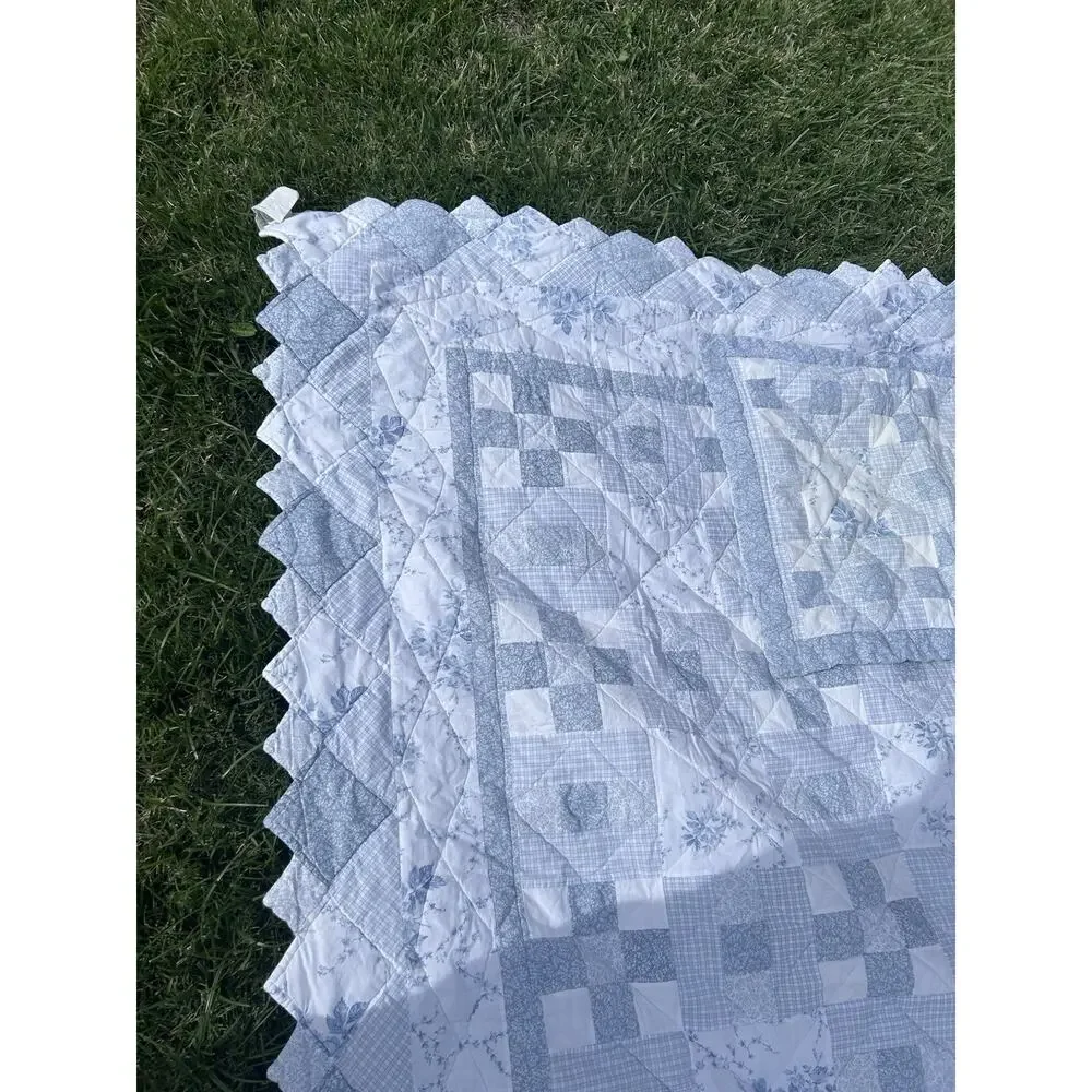 Vintage Laura Ashley Blue White Patchwork Quilt Full Queen 2 Shams 1990s